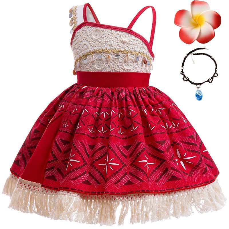 ใหม่ Moana คอสเพลย์ Fringed Beach Dress Girls Performance Dress