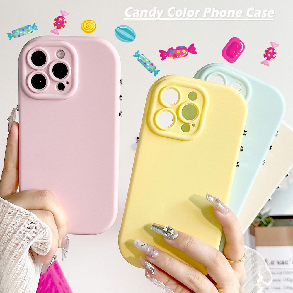 สีลูกกวาดซิลิโคนเคสโทรศัพท์สําหรับIPhone 17 Air 16 15 14 Plus 13 12 11 Pro Max XR XS Maxเลนส์กล้องกันกระแทกธรรมดานุ่มTPU Cover