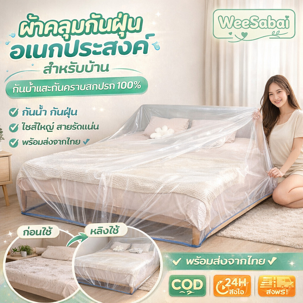 💧【กันน้ำกันคราบ100%】ผ้าคลุมหนาพิเศษ🔒มีเชือกผูก ป้องกันฝุ่น/คราบ ใช้กับทีวี/เฟอร์นิเจอร์/พลาสติกคลุมฝุ่น/คลุมกันน้ํา