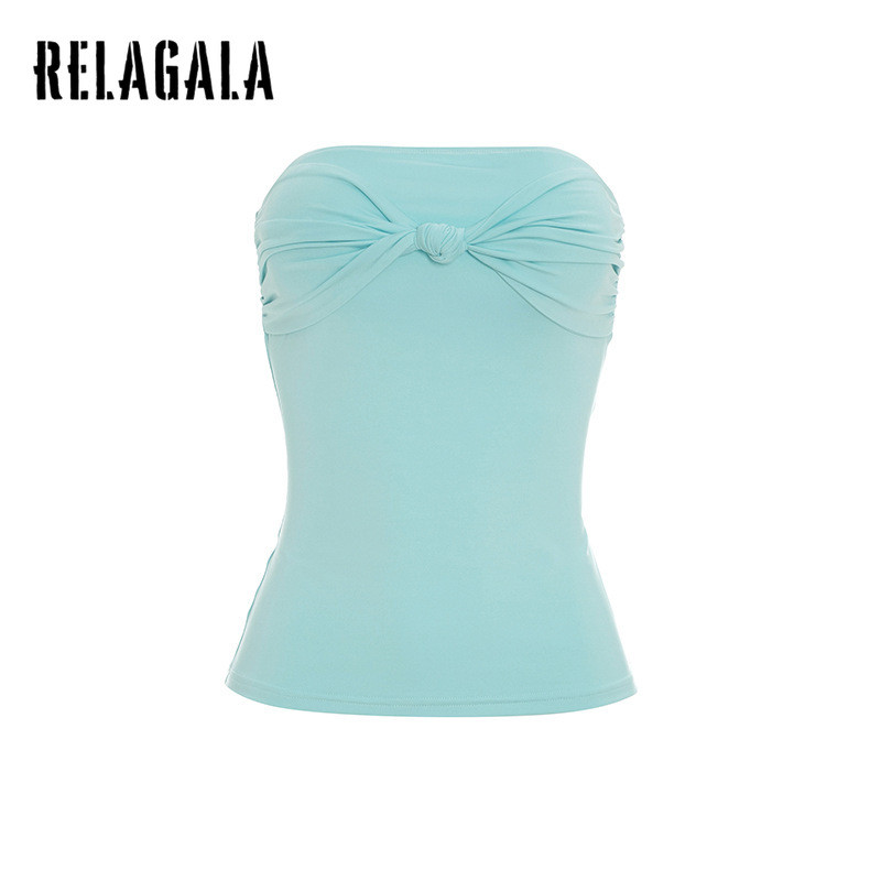 RELAGALA ผู้หญิง 2026 ใหม่สีทึบหวาน Knot แฟชั่น Tube Tops + กางเกงขาสั้นชุด