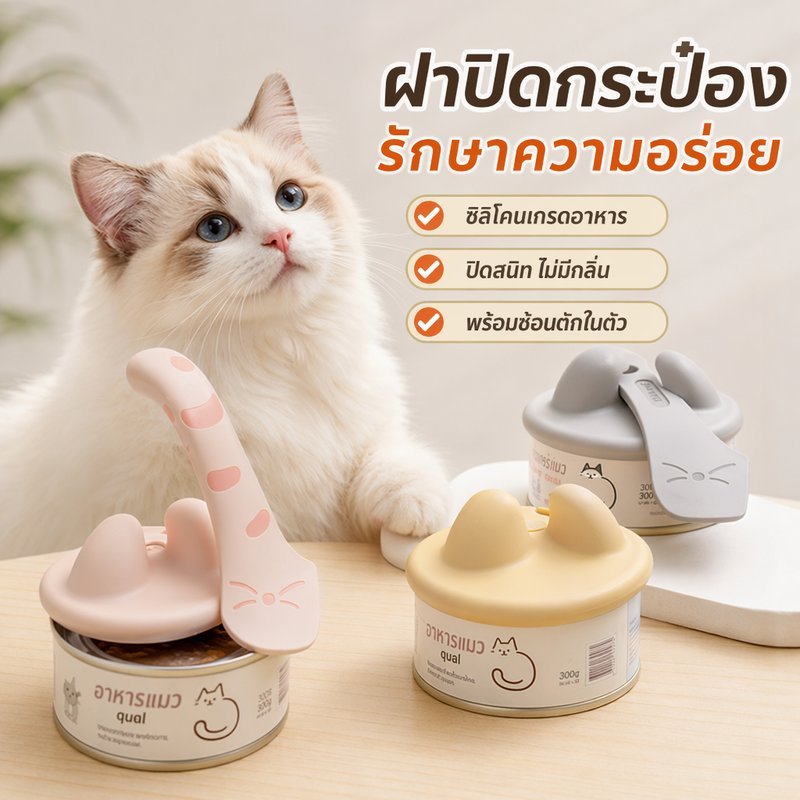 ฝาปิดกระป๋องอาหารสัตว์ ช้อนตักอาหารแมว ฝาซิลิโคน ปิดสนิท กันกลิ่น เก็บสด อาหารเปียก