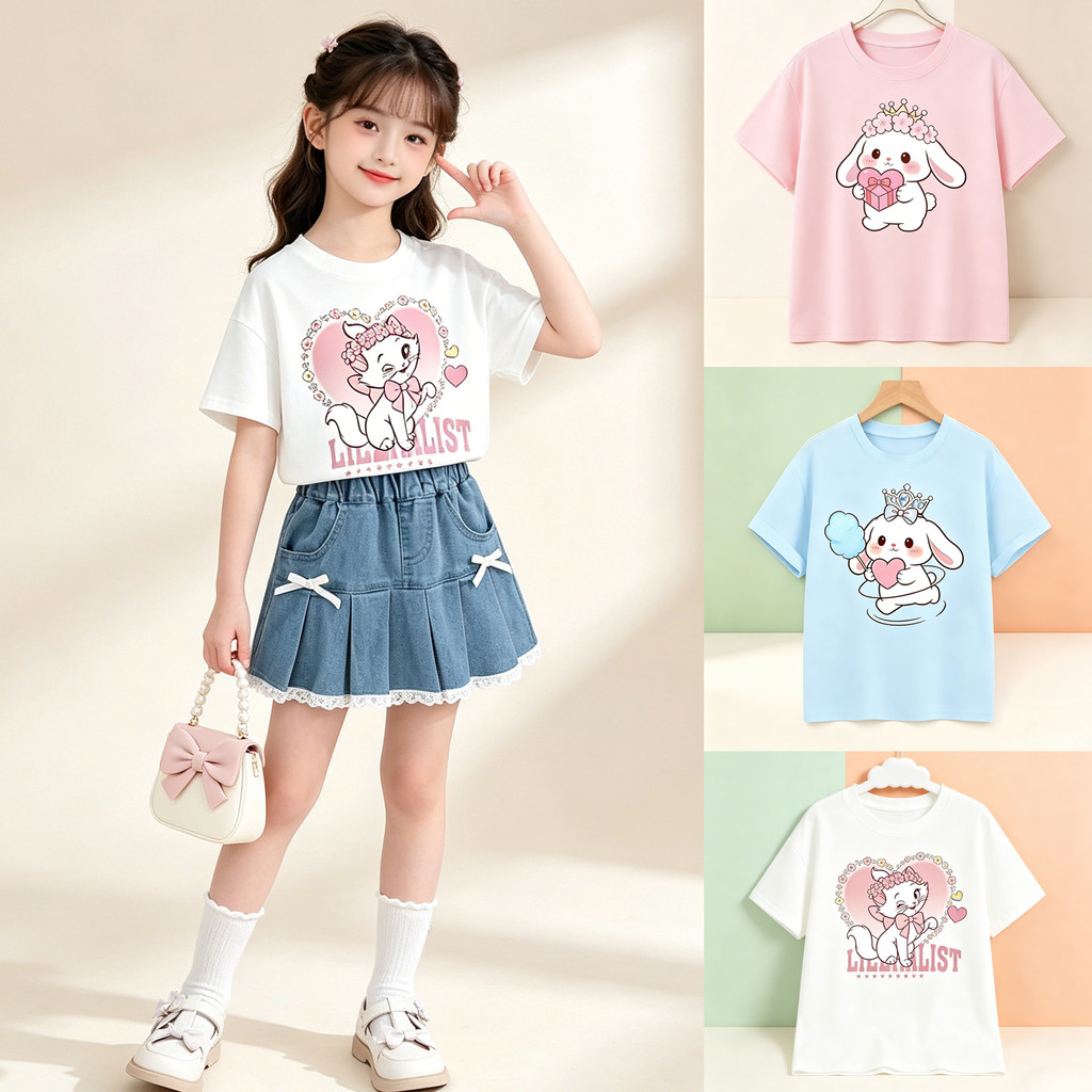 เสื้อยืดเด็กผู้หญิงแขนสั้น ลายการ์ตูนน่ารัก คอกลม ผ้านุ่มสบาย ใส่ลำลอง ไปโรงเรียน เที่ยว พร้อมส่ง
