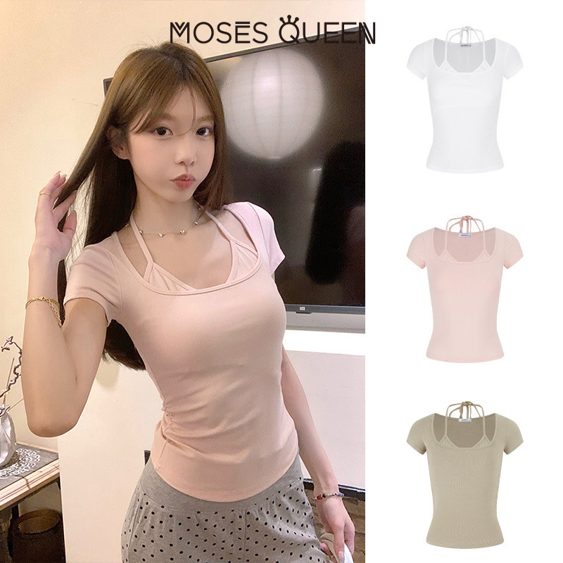 MOSESQUEEN โมเสสควีน เสื้อสายเดี่ยวแขนสั้นคอวีคู่ดีไซน์เข้ารูปเหมาะกับสาวเรียวเหมาะคล้องไหล่ #63799