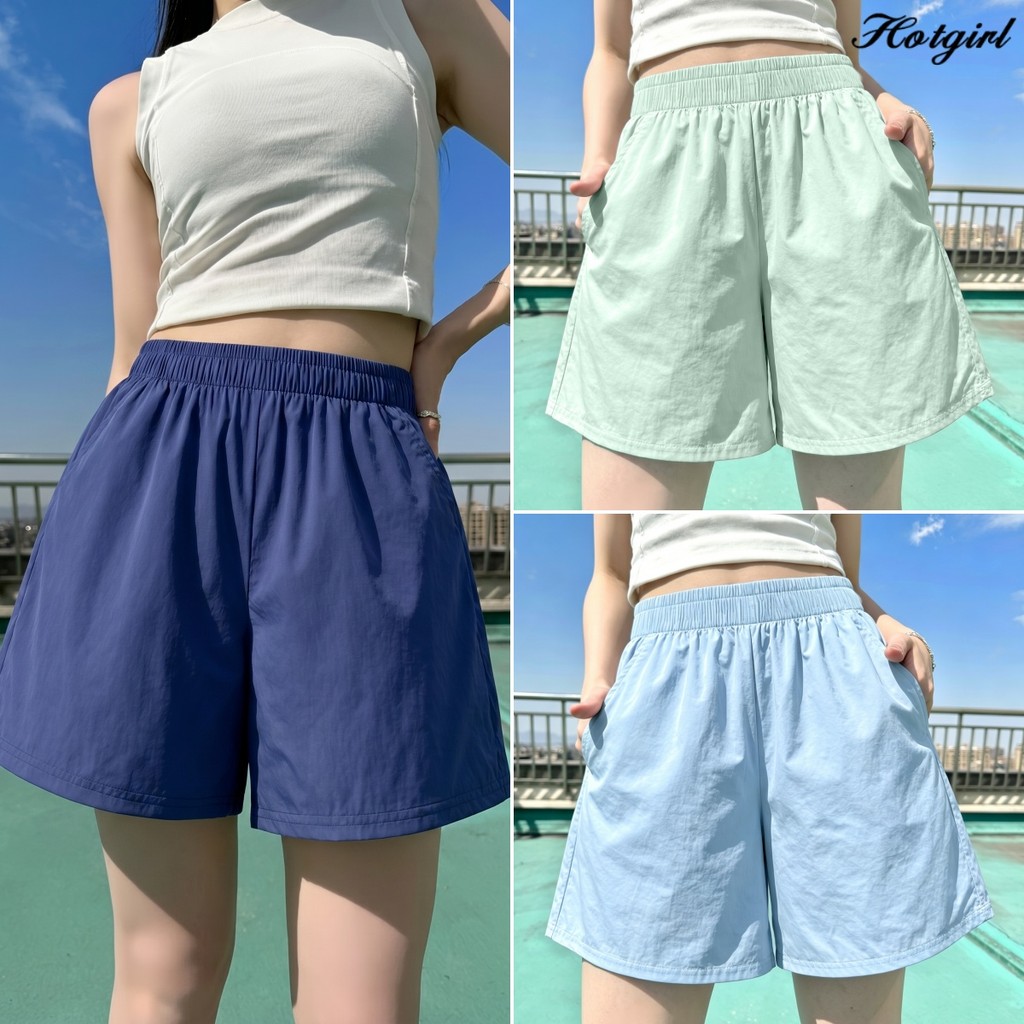 Hotgirl พร้อมส่ง กางเกงขาสั้นทรงหลวมสำหรับผู้หญิงฤดูร้อน เอวยางยืด สไตล์เกาหลีเรียบง่าย สวมใส่สบาย