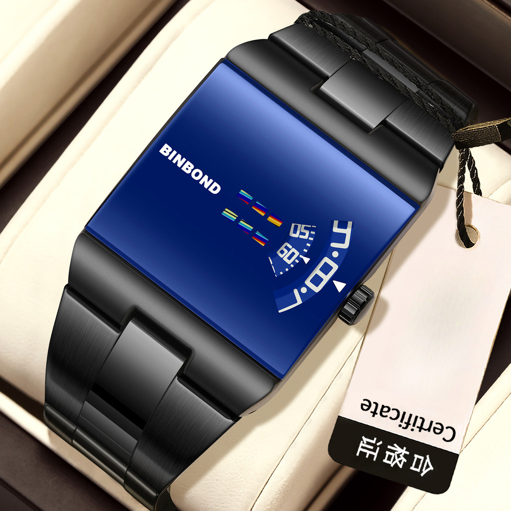 BINBOND Mens Square Gradient Digital Dial Quartz Watch Waterproof Fashion Casual นาฬิกาข้อมือ