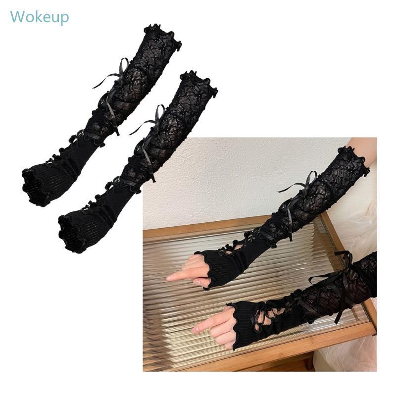 WOKE Lolita Lace Up Fingerless ถุงมือ Ruffle ดอกไม้ลูกไม้ยืดหยุ่นสีขาว Lolita