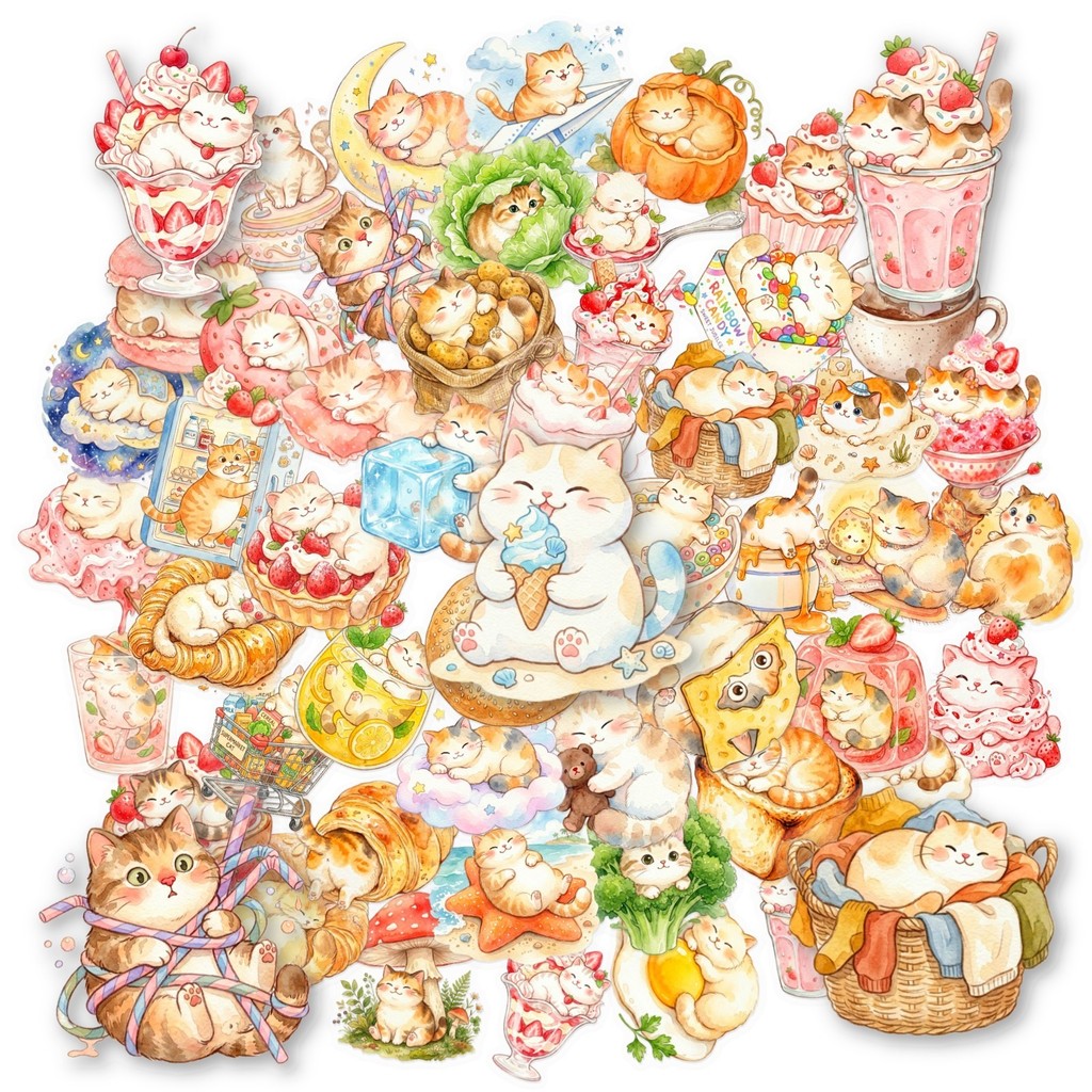 50 ชิ้นแมวน่ารักและอาหาร Yummy PET พลาสติก Transpanrent สติ๊กเกอร์กันน้ํา