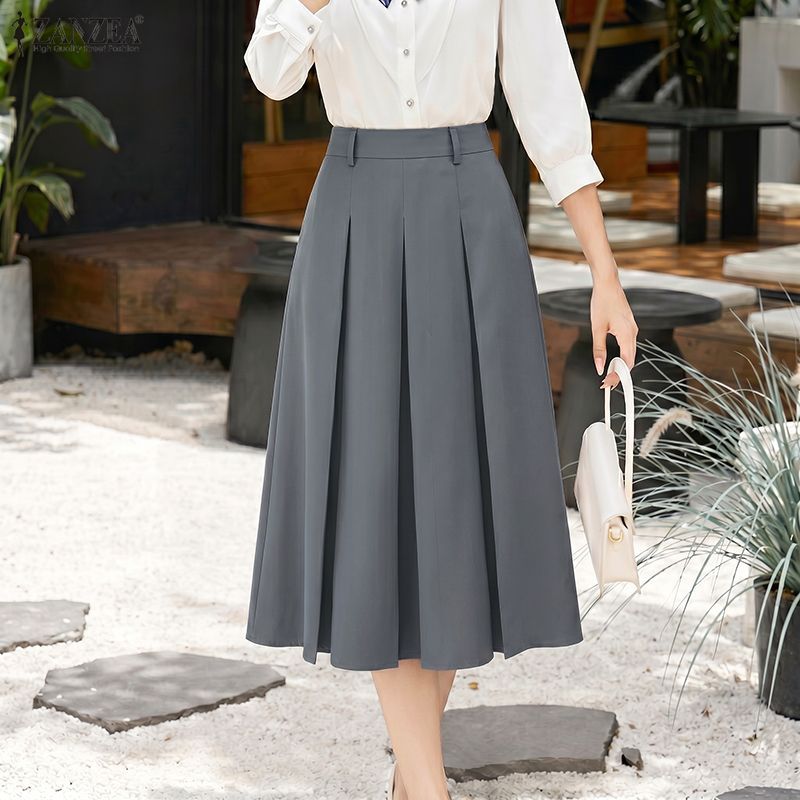 ZANZEA ผู้หญิงเกาหลี Elegant Official Office OL เอวสูงจีบ Solid Midi A-Line Oversirt — صورة 5