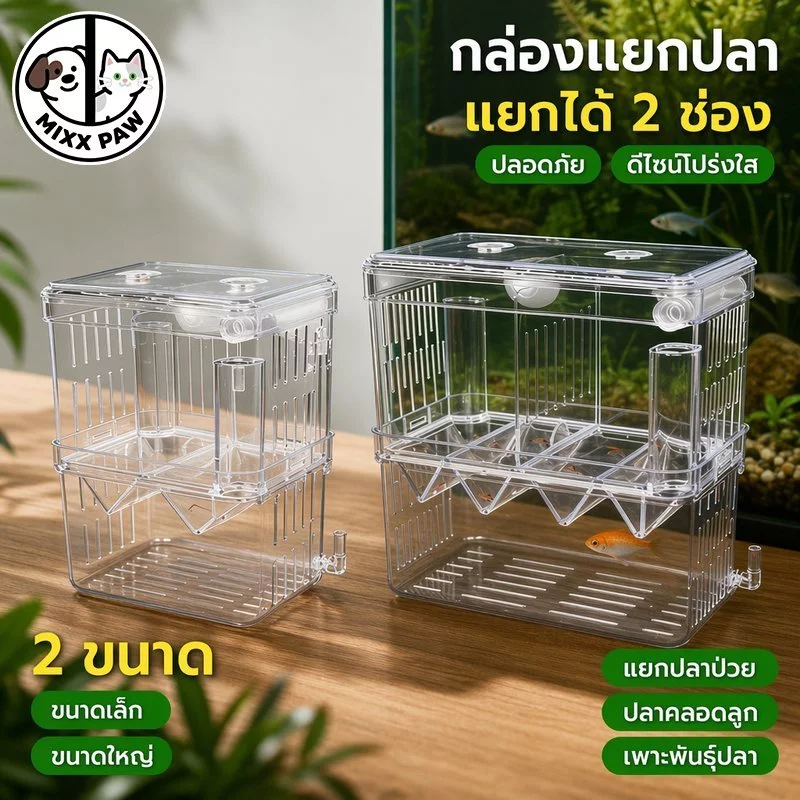 กล่องแยกปลา ตู้เพาะพันธุ์ปลา 2 ช่อง กล่องคลอดลูกปลา ตู้ปลาใส 2 ขนาด