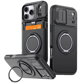 เคสสําหรับงานหนักพร้อมฝาครอบกล้องสไลด์ช่องเสียบการ์ดสําหรับปลอก IPhone 17 16 15 14 13 12 Pro Max พร้อมขาตั้งหมุนได้