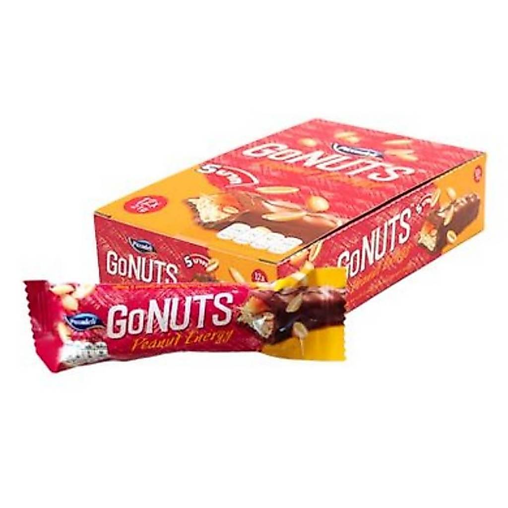 Go NUTS Peanut Energy โกนัทส์ พีนัท(นูกัตผสมถั่วลิสงและคาราเมลเคลือบช็อคโกแลต) 21กรัมx 12ชิ้นตราพิคคาเดลี