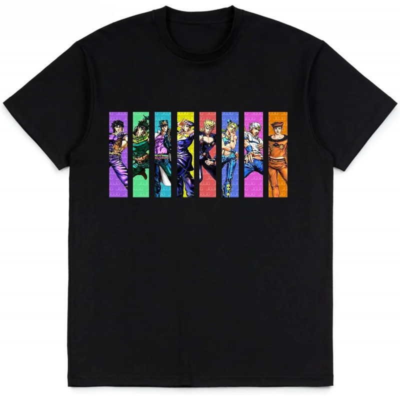 เสื้อยืด JoJo Bizarre Adventure ลายตัวละครหลัก 8 ภาค แยกคอลัมน์สีรุ้ง 9 แถบ ผ้าฝ้ายสีดำ