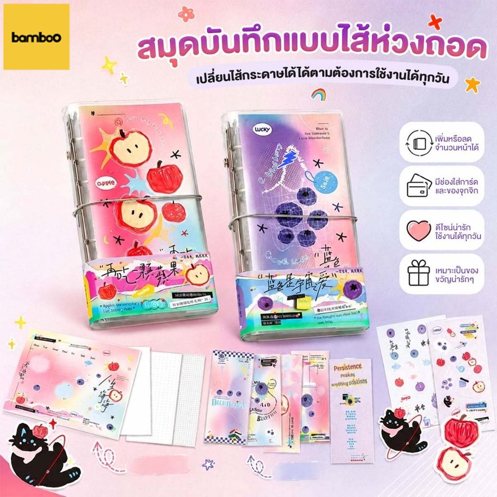 สมุดA6 ปกสีใส Planner Journal ตกแต่ง DIY เองได้ รวมกระดาษกริด/จุด/เส้น/เปล่า สมุดบันทึกธีมแอปเปิ้ลบลูเบอร์รี่น่ารัก