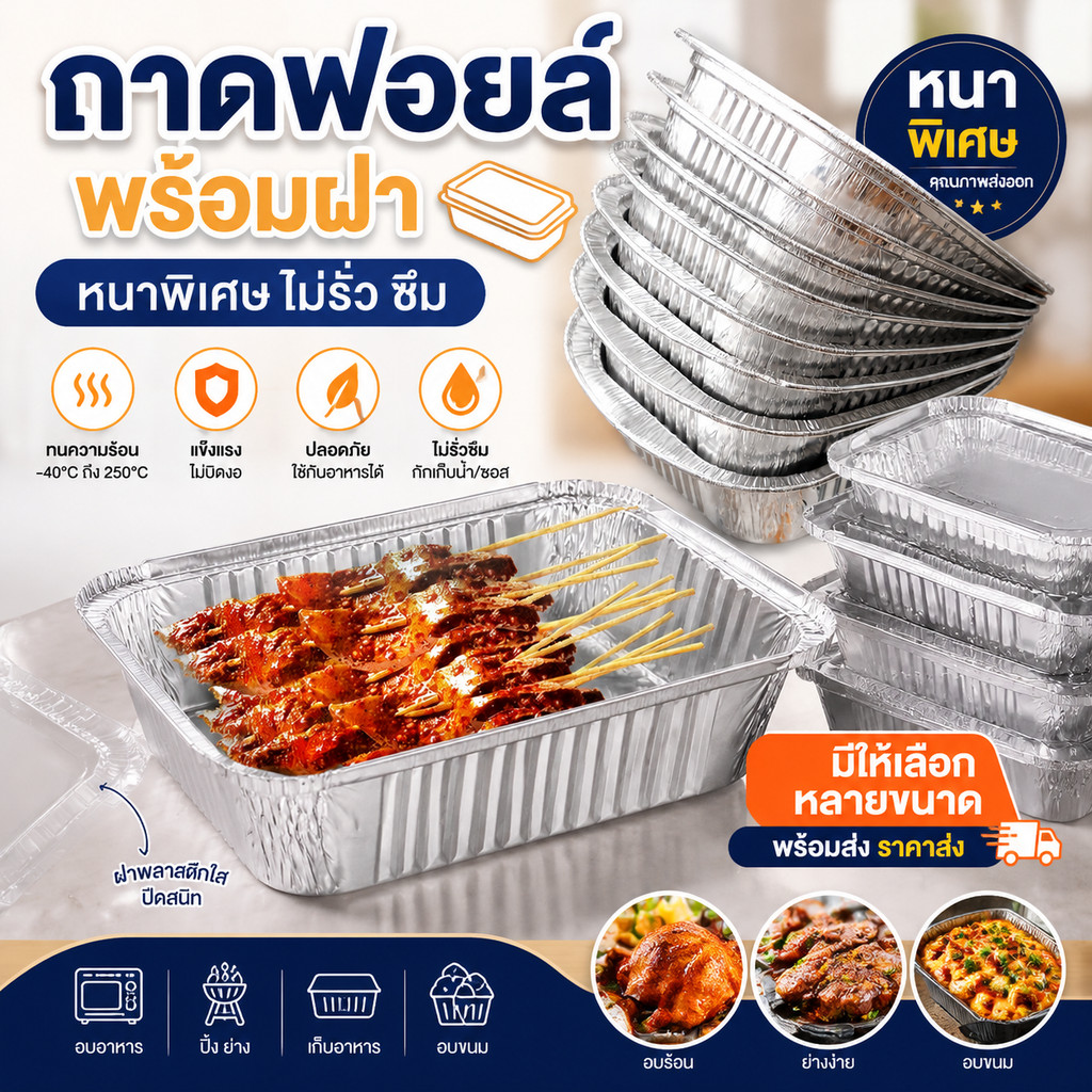 ราคาส่งตรงโรงงาน! ถาดอลูมิเนียมฟอยล์หนาพิเศษ แถมฝาปิด มาตรฐานอาหาร ISO มีหลายรูปทรงหลายขนาด รับสั่งซื้อจำนวนมาก