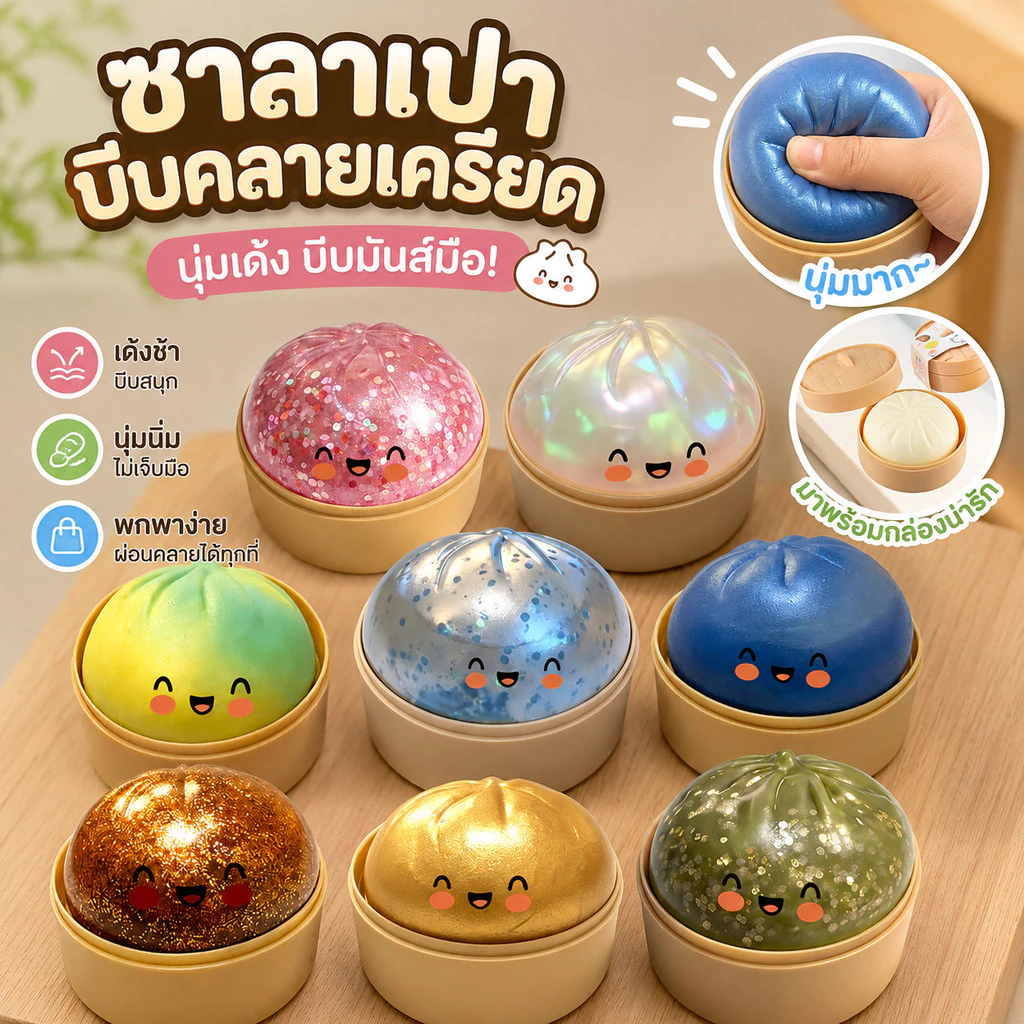 ซาลาเปากลิตเตอร์สกุชชี่ ของเล่นสกุชชี่ซาลาเปา นุ่มเด้ง บีบสนุก ของเล่นบีบคลายเครียดสุดฮิต พร้อมส่ง