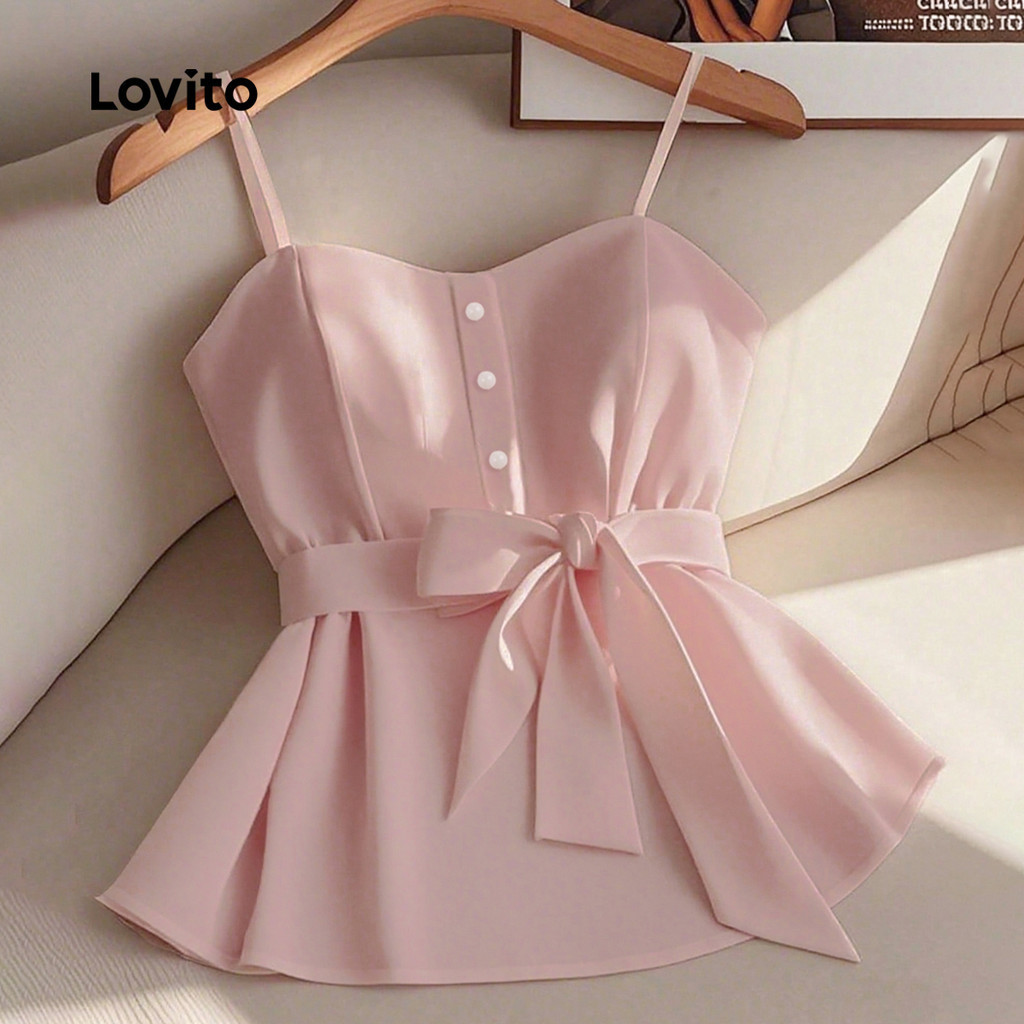 Lovito แคชชวล เสื้อสายลูกไม้สุดหรูเปิดหน้า กระดุมหน้า ช่วงฤดูใบไม้ผลิ/ฤดูร้อน สีชมพู สำหรับผู้หญิง L150ED614