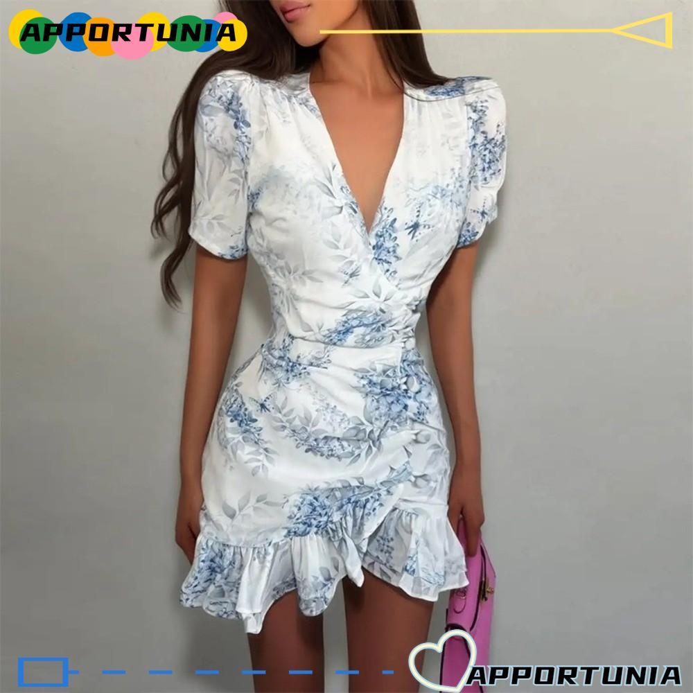 APPORTUNIA Ruffles Dress,ไม่สมมาตรพัฟแขน Cascading Ruffles Mini Dress, Chic Holiday พิมพ์จีบเอว-Dinn