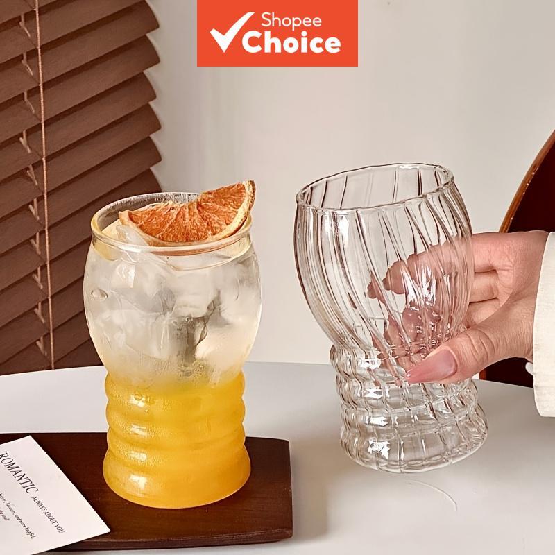 ถ้วยกาแฟเย็น Borosilicate หยัก 2 ชิ้น, เครื่องดื่มใสแบบใช้ซ้ําได้สําหรับค็อกเทลน้ําผลไม้