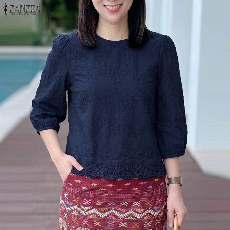 ZANZEA ใส่ ซานเซีย ผู้หญิงเกาหลีที่สง่างามอ่อนโยนลูกเรือคอ3/4แขนโคมไฟเย็บปักถักร้อยลูกไม้ประกบเสื้อ — صورة 4