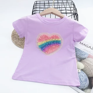 ใหม่ เสื้อยืดผ้าฝ้าย 100% แขนสั้น ปักลายหัวใจ สีรุ้ง สําหรับเด็กผู้หญิง 2026 P980
