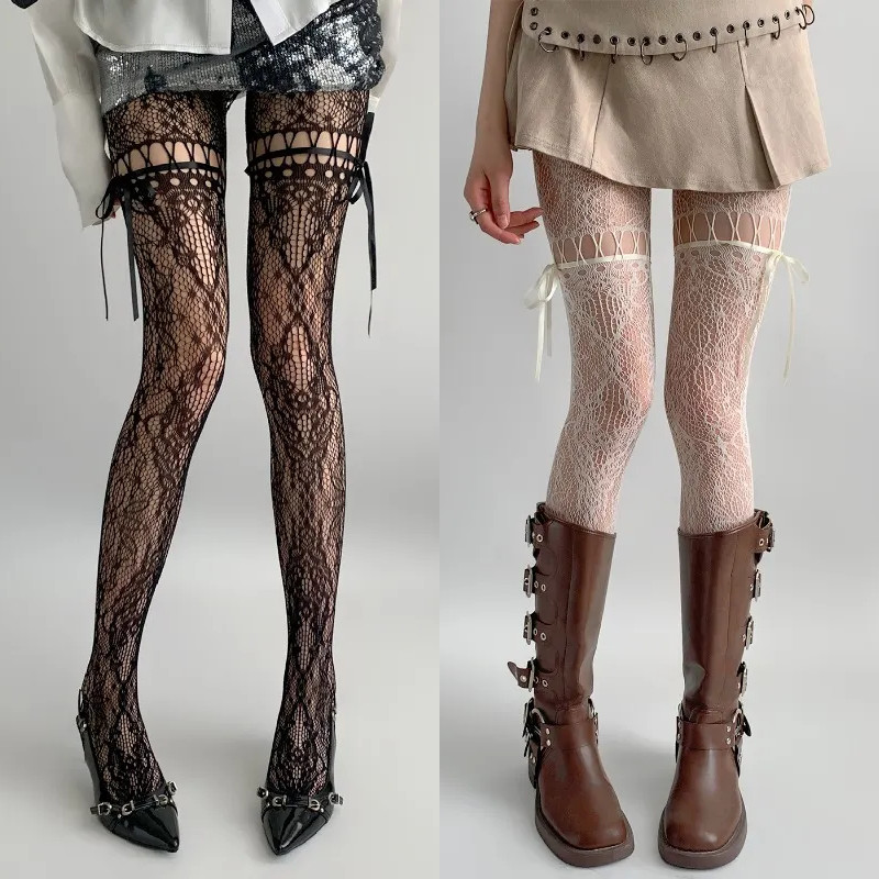 JK Lolita หวาน Lace-up Bowknot ถุงเท้าพิมพ์ตาข่ายไนลอน Pantyhose ผู้หญิงเซ็กซี่ต้นขา Hollow คลาสสิกดอกไม้รูปแบบ Fishnet ถุงน่อง