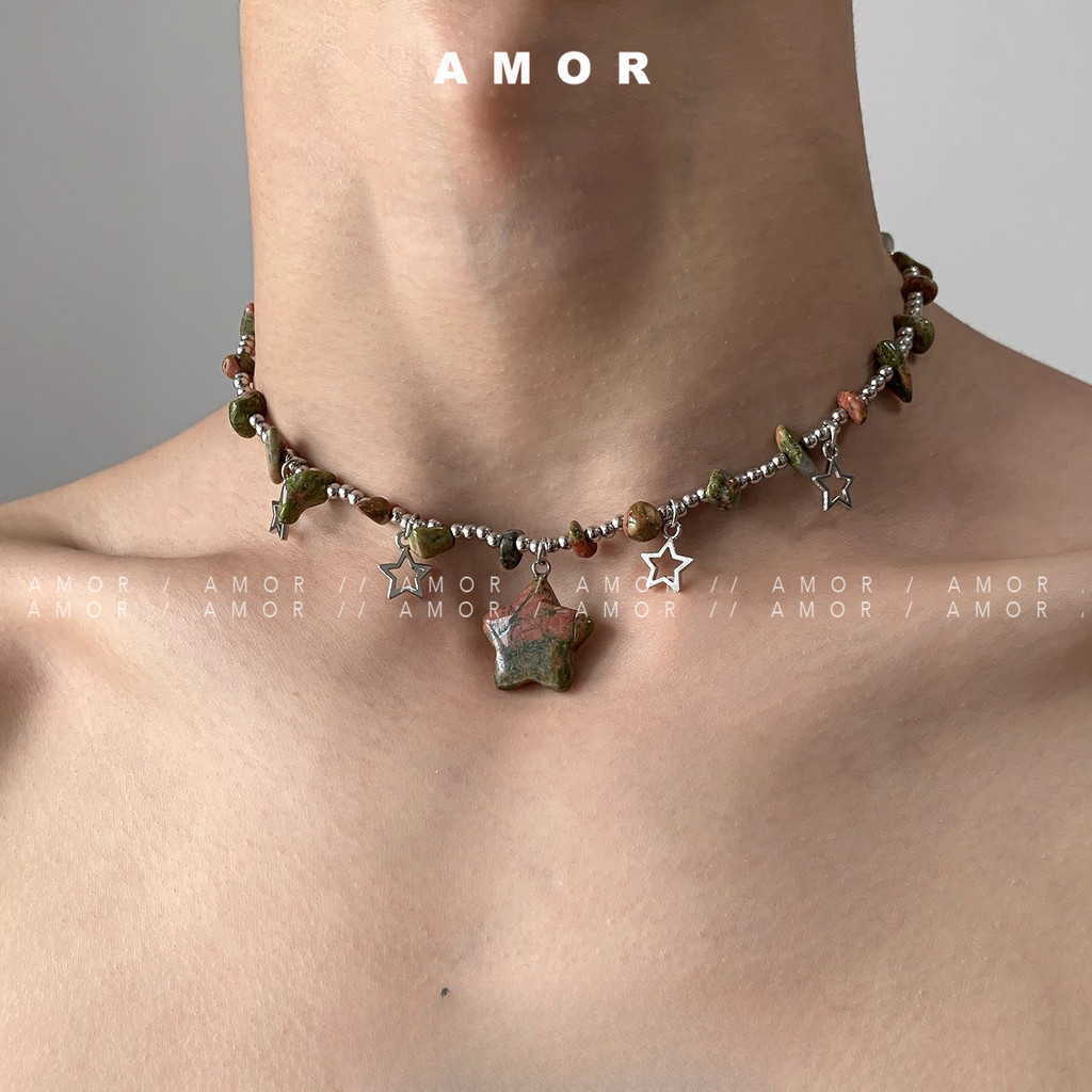 Forest - Style Five - Pointed Star Gravel Necklace - Colourful Irregular Vintage Beaded Collarbone Chain, Niche - Designed Neckpiece