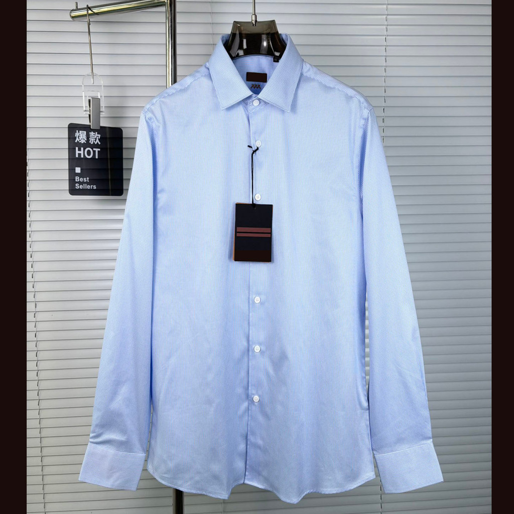 5CFU Zegna Men's Long Sleeve Solid Blue Plaid Business Versatile Wedding Shirt Casual Shirt Groomsma