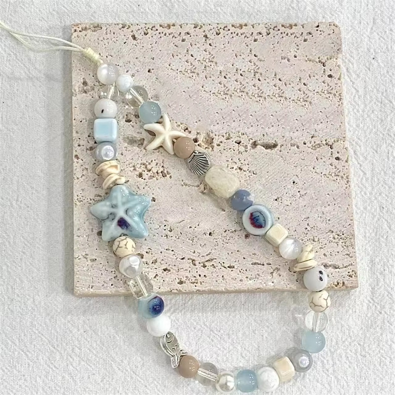 Ocean Vibe การ์ตูนน่ารัก 3D ปลาดาวสีฟ้าลูกปัดโทรศัพท์ Charm Lanyard สําหรับ iPhone Samsung Universal อุปกรณ์เสริมเครื่องประดับจี้