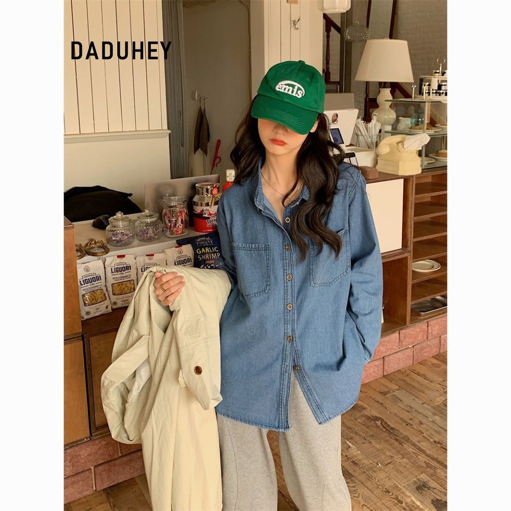 DaDuHey Denim Coat Women's Korean-Style Retro Lapel Long Sleeve Shirt Basic All-Matching Bandage Dress Top