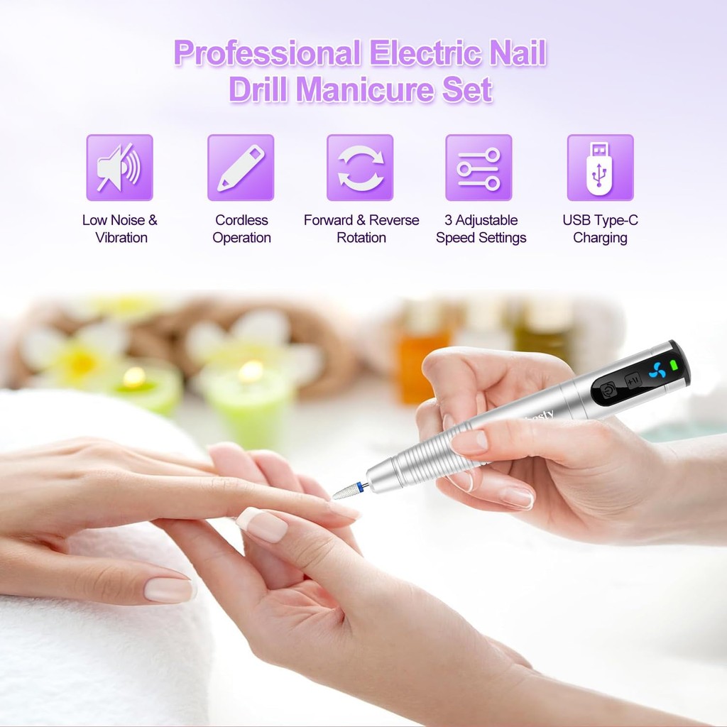 ตะไบเล็บไร้สายสว่านเล็บไฟฟ้า Asimebesty และบัฟเฟอร์เจาะเล็บสําหรับ Ultrafast ลบเล็บอะคริลิคแบบพกพาสู