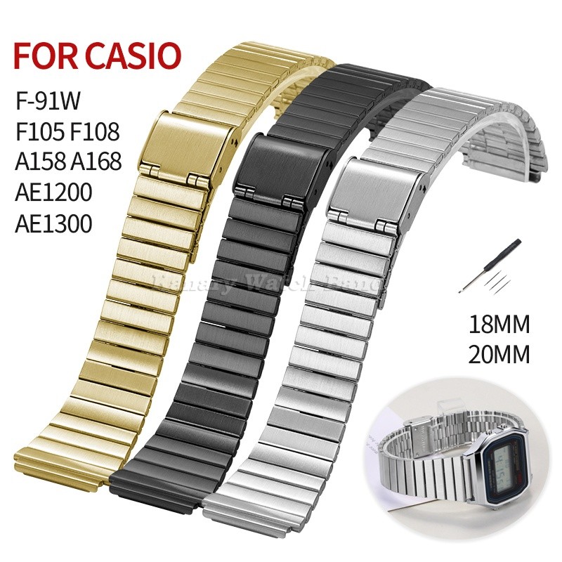18 มม.20 มม.สายนาฬิกาสแตนเลสสําหรับ Casio F91W F84 F105/108 AE1200/1300 A158/168 SGW400 โลหะคลาสสิกสร้อยข้อมือสี่เหลี่ยมเล็กผู้หญิงผู้ชายสายนาฬิกาเปลี่ยน