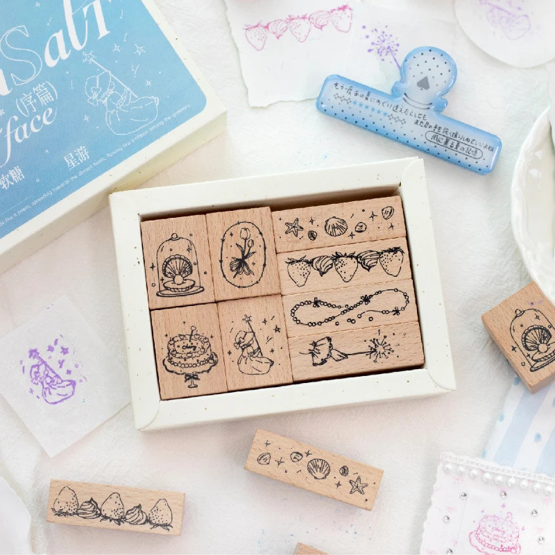 Journal GO 8 ชิ้นน่ารักแสตมป์ไม้ชุดสําหรับ Collage Junk Journal Scrapbooking diy การ์ดอวยพร Planner Decor เครื่องเขียนซีล
