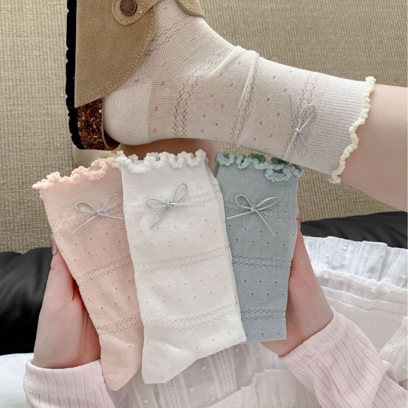 ถุงเท้าผู้หญิงญี่ปุ่น ✨JK ถุงเท้าผูกโบว์ ตาข่ายระบายอากาศ หวานและน่ารัก