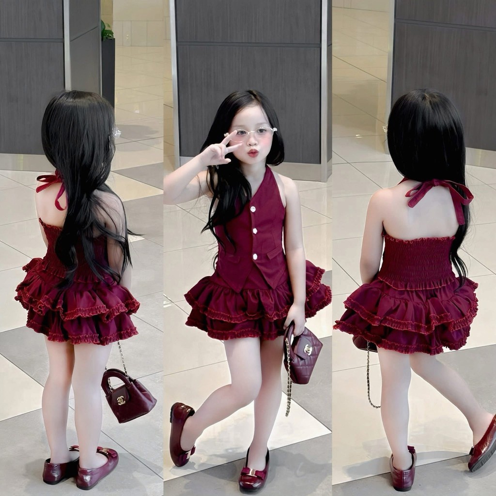 TSHOP✅ชุดเด็กพร้อมส่งในไทย✅เซ็ท 2 ชิ้น ชุดสายเดี่ยวลูกสาว ดีเทลสวย เก๋ กระโปรงมีซับ มีภาพงานจริงรหัส C137