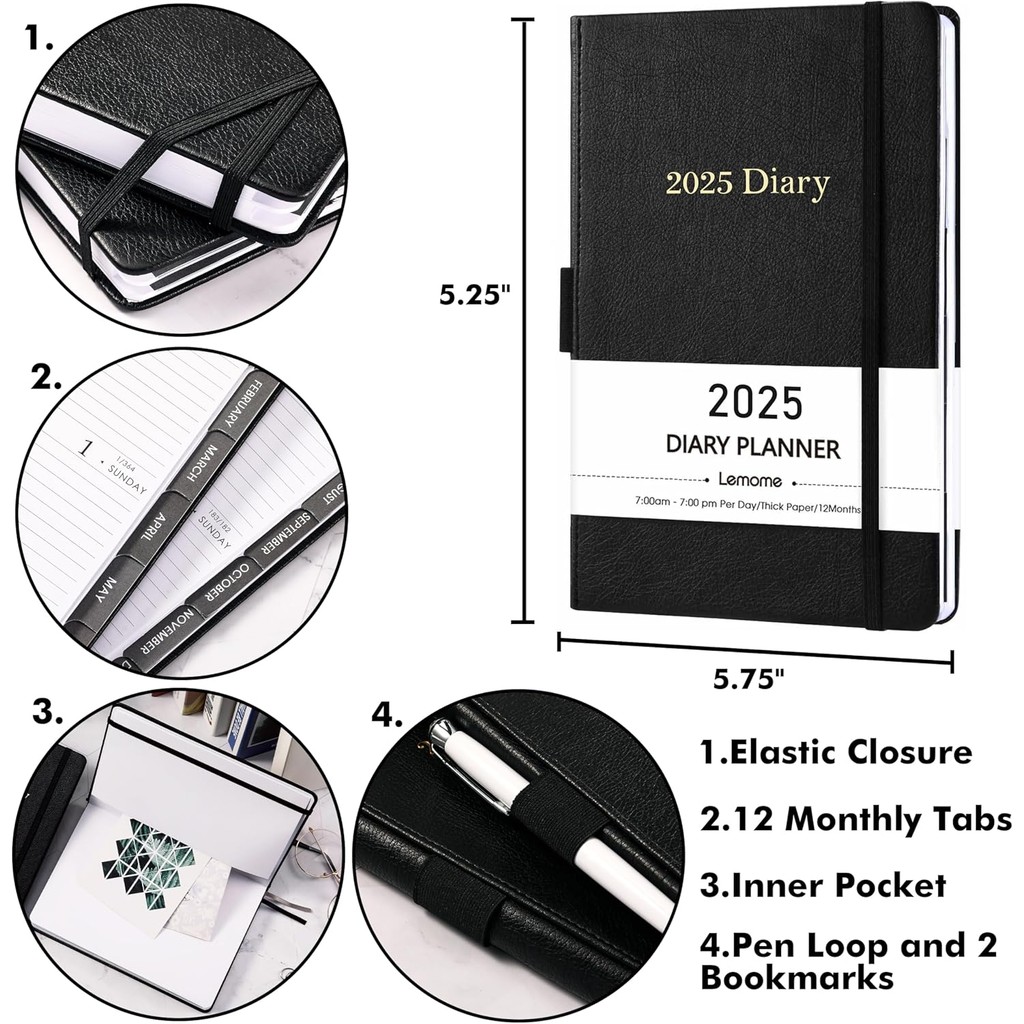 2025 Diary - 2025 Daily Planner 2025-December 2025 หนังสือนัดหมาย 2025 รายวัน Planner พร้อมแท็บ ปลาย