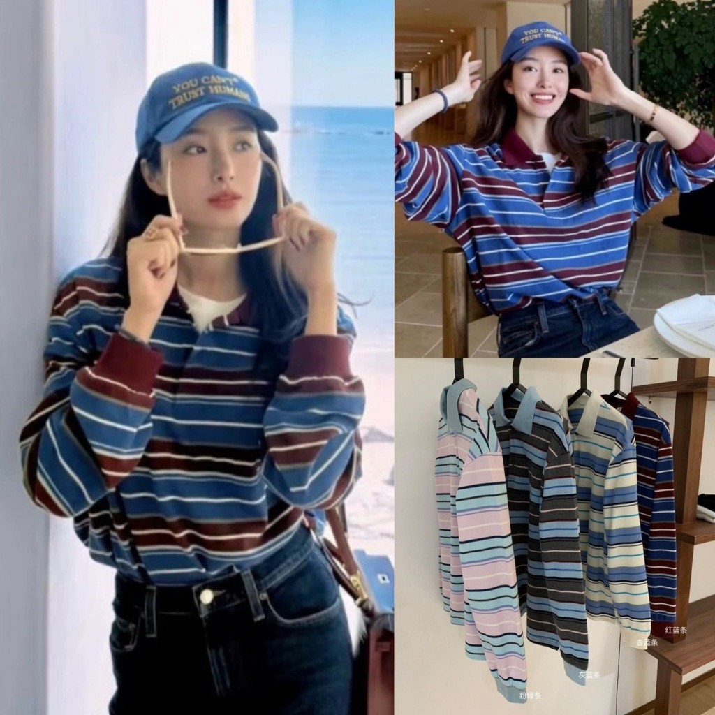 W6796 เสื้อแขนยาวคอปก โปโล ลายขวาง สีหวานเก๋เท่ สวยมากๆค่า แฟชั่นเกาหลี TAG WG.WE
