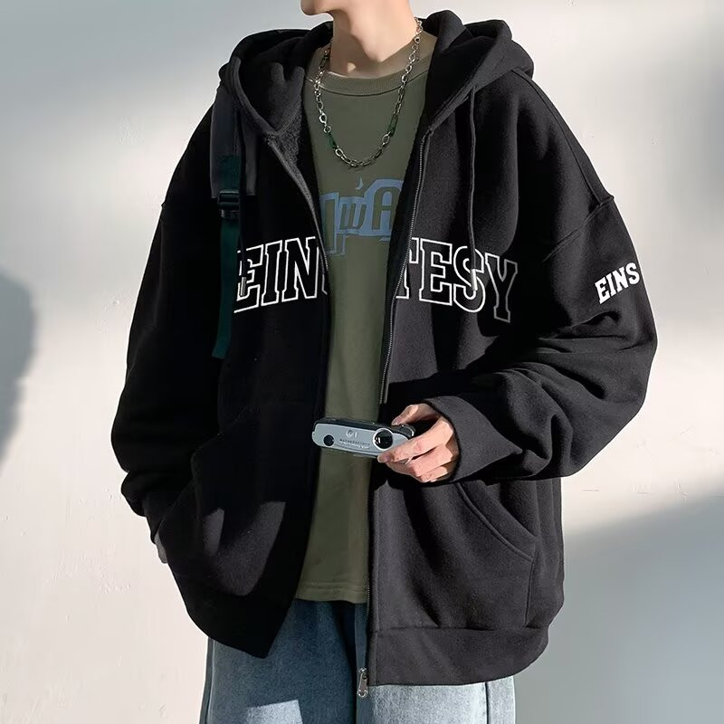 เสื้อกันลมมีฮู้ดสำหรับผู้ชาย แบบแฟชั่น ทรงหลวม สวมใส่ง่ายในช่วงอากาศเย็น