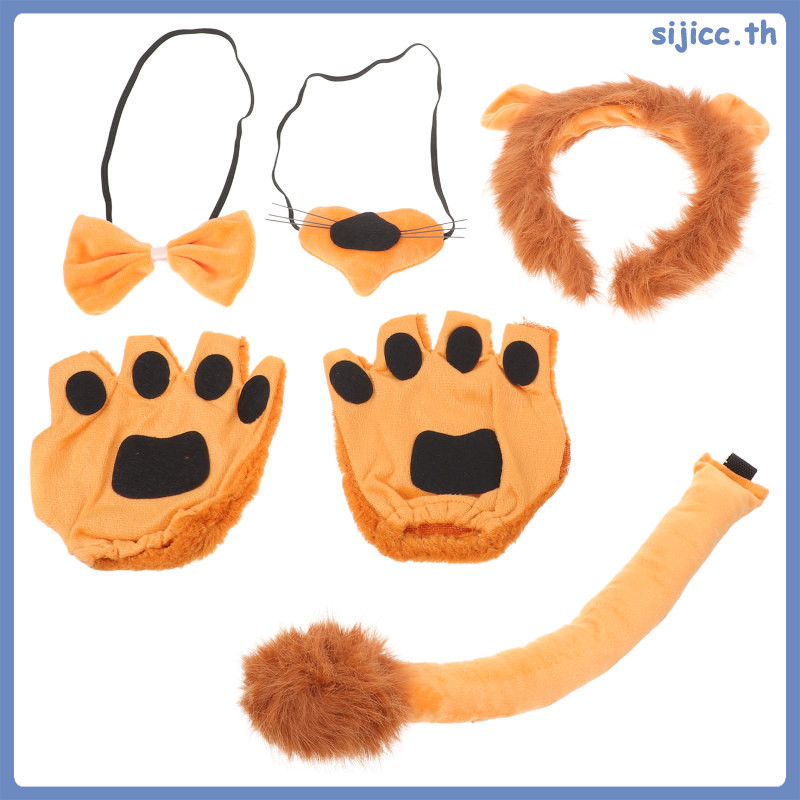 📦 6Pcs ชุดคอสตูมสิงโต ที่คาดหูสิงโตและหาง เซ็ต จมูก โบว์ผูกคอ ถุงมือ อุปกรณ์คอสเพลย์