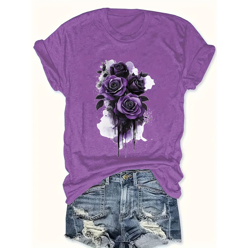 เสื้อยืดแขนสั้นสไตล์โกธิกสีม่วง พิมพ์ลายดอกกุหลาบ คอรอบ.Round Neck SPM6