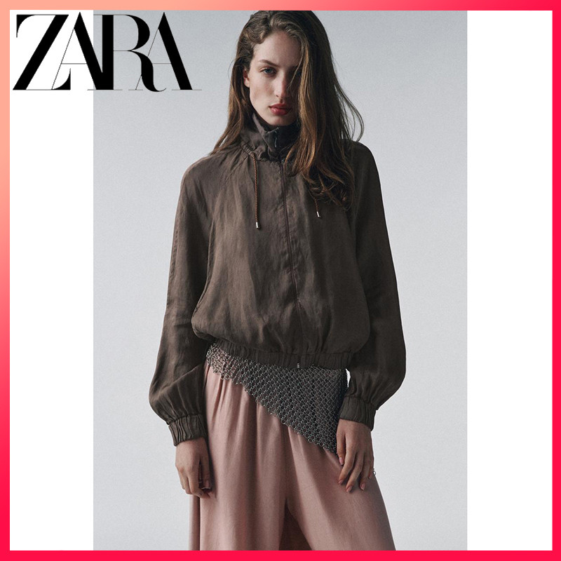 ZARA แจ็คเก็ตนักบินสำหรับผู้หญิง ฤดูใบไม้ร่วงใหม่ ปกสูง สีตัดกัน หรูหรา