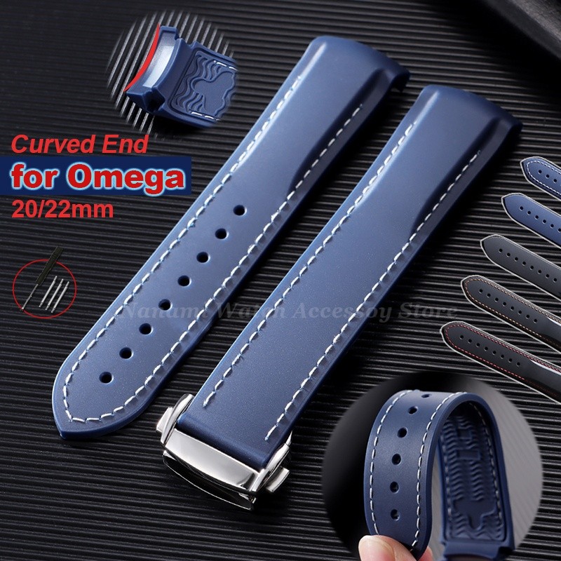 พรีเมี่ยมสายนาฬิกาซิลิโคน 20 มม.22 มม.ปลายโค้งสายนาฬิกายางสําหรับ Omega Seamaster 300 หัวเข็มขัดพับสร้อยข้อมือผู้ชายผู้หญิงสายรัดข้อมือกีฬาสําหรับ Speedmaster Planet Ocean