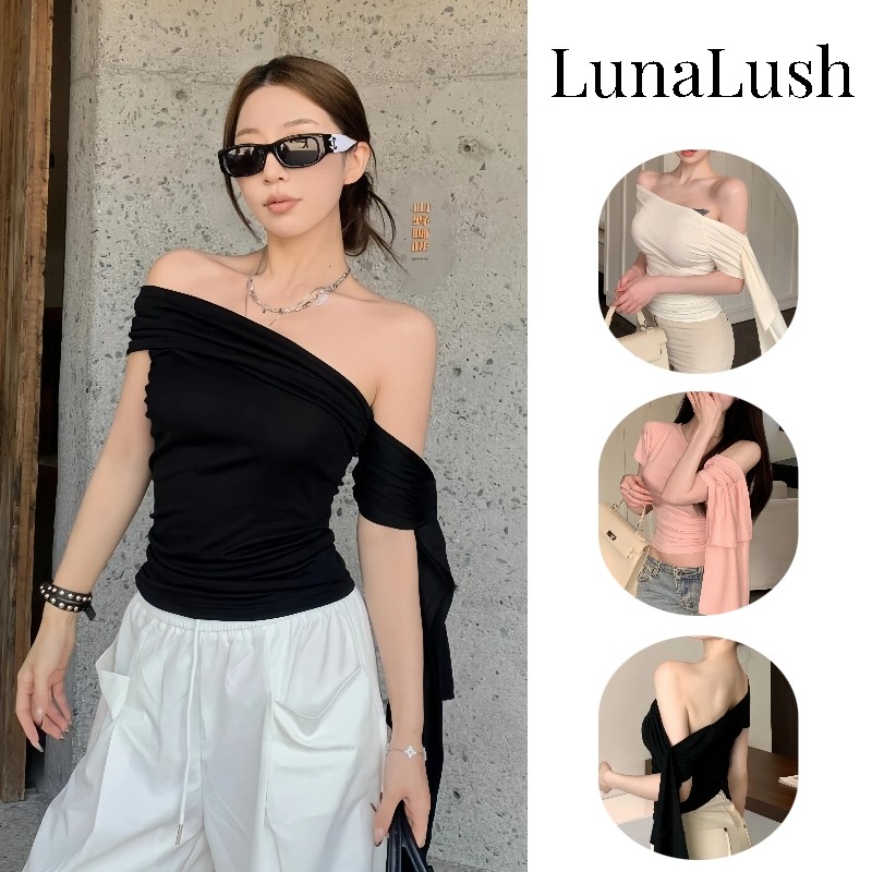 LunaLush✨เสื้อคุณภาพดี  เสื้อแขนสั้นเปิดไหล่ เปิดไหล่ สไตล์เกาหลี เซ็กซี่"FY3131#1"