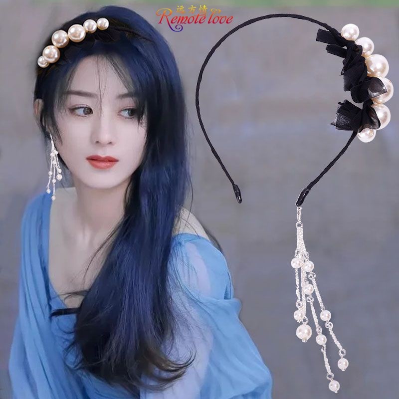 现货现发远方情仙美珍珠流苏发箍韩国假耳环头箍发带超仙发饰发卡头饰T970Distant Love Fairy Beauty Pearl Tassel Hair Hoop Korean False Ea