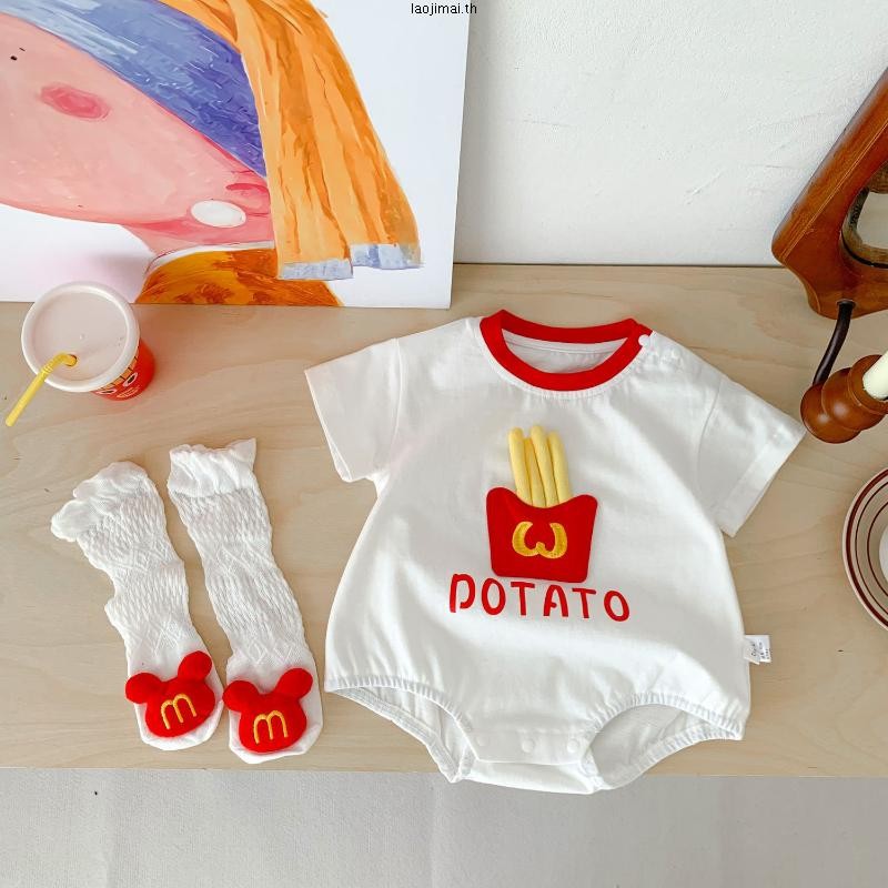 Bga-เด ็ กฤดูร ้ อนRomperถุงเท ้ ายาวรอบคอแขนสั ้ นพิมพ ์ 3D French FriesทารกJumpsuits