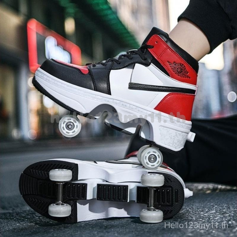 KIDS deformation Roller skates Shoes 4 Wheels Parkour Sport Roller Shoes รองเท้าผ้าใบผู้ใหญ่ unisex 