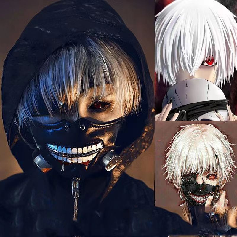 โตเกียวปอบหน้ากากวิกผม Kaneki Ken Zipper Eye อะนิเมะคอสเพลย์ RBF7