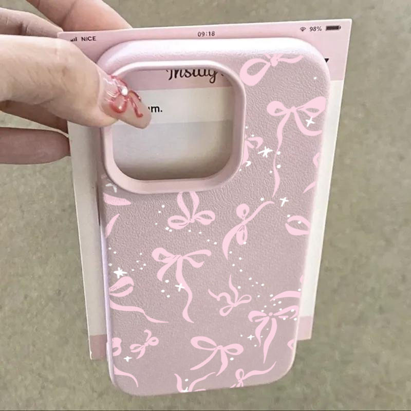 ประณีตสีชมพู Bow Tie Lichee รูปแบบเคสโทรศัพท์สําหรับ iPhone 17 AIR 16 15 14 13 12 11 Pro MAX Plus 16E XR XS MAX น่ารักโบว์พิมพ์หนังกันกระแทกนุ่ม