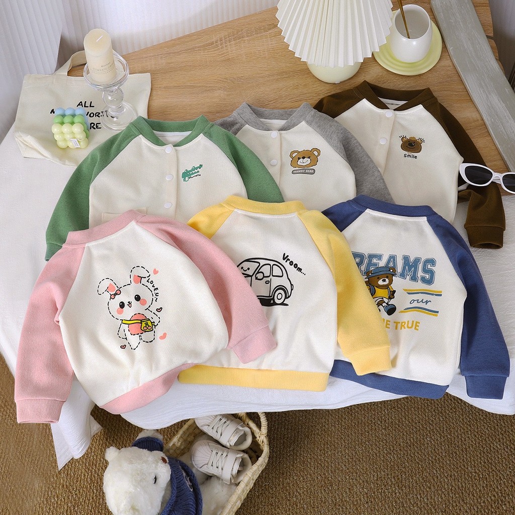 Dolemi Baby  เสื้อกันหนาว แขนยาว เด็กชาย เด็กหญิง พิมพ์ลาการ์ตูน 6 สี ทูโทน กระดุมและกระเป๋า