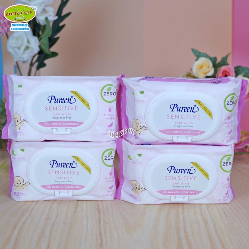 ทิชชู่เปียก 4 ห่อ Pureen เพียวรีน ทิชชู่เปียก เบบี้ไวพส์กระดาษเปียก เซนส์ซิทีฟสีชมพู80ชิ้น