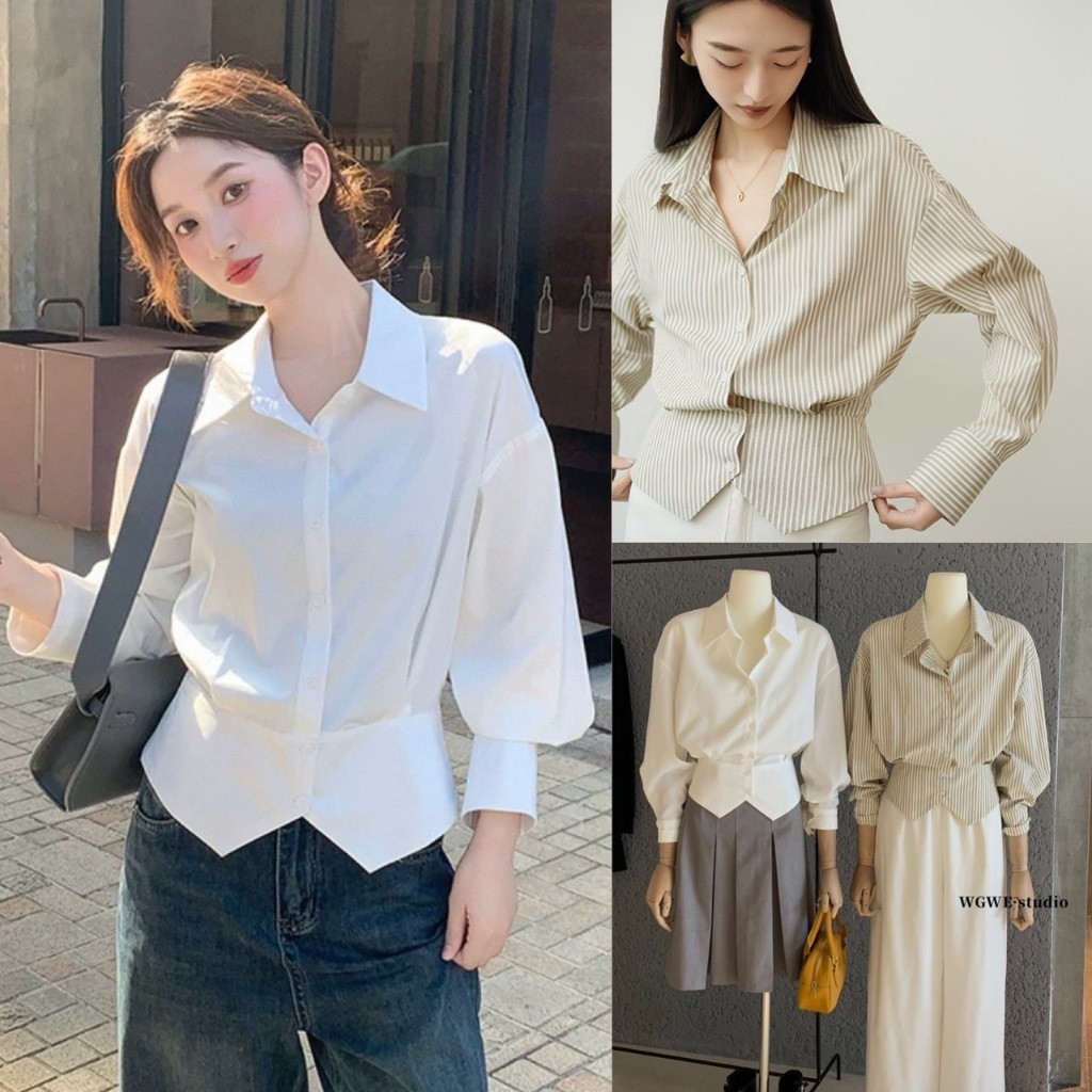 🧡🧵 🇰🇷 W7366 เสื้อเชิ้ต แต่งช่วงเอว งานกระดุม ทรงเรียบ แต่ใส่ออกมาแล้วดูดีสุดๆค่า ผ้าแฟชั่นเกาหลี TAG WG.WE 🧵🧡